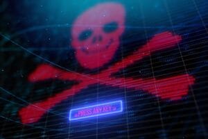 Niebezpieczeństwa w sieci, symbol czerwonej czaszki na tle danych