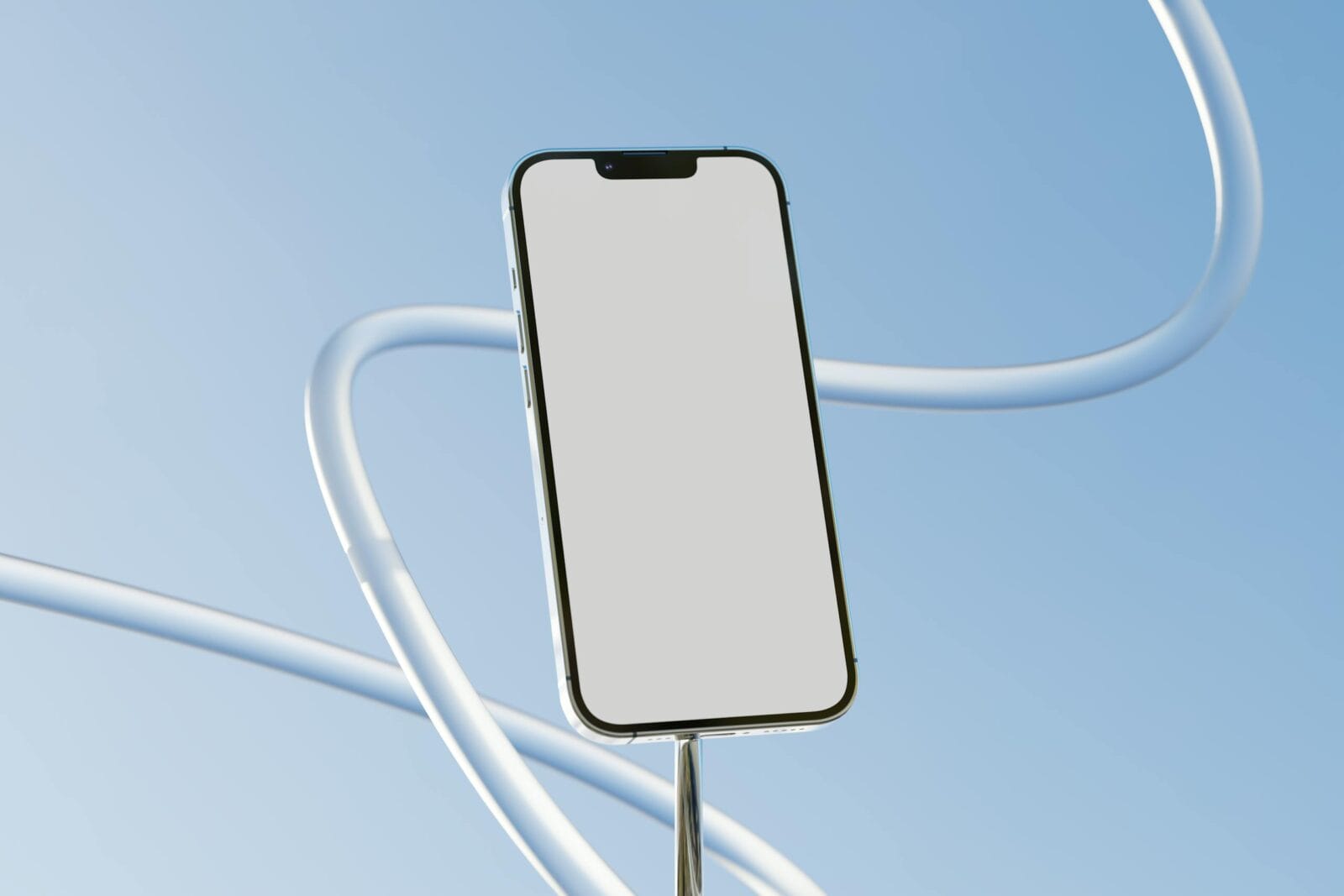 Minimalist smartphone mockup with blank screen against a clear blue sky, ideal for tech presentations.