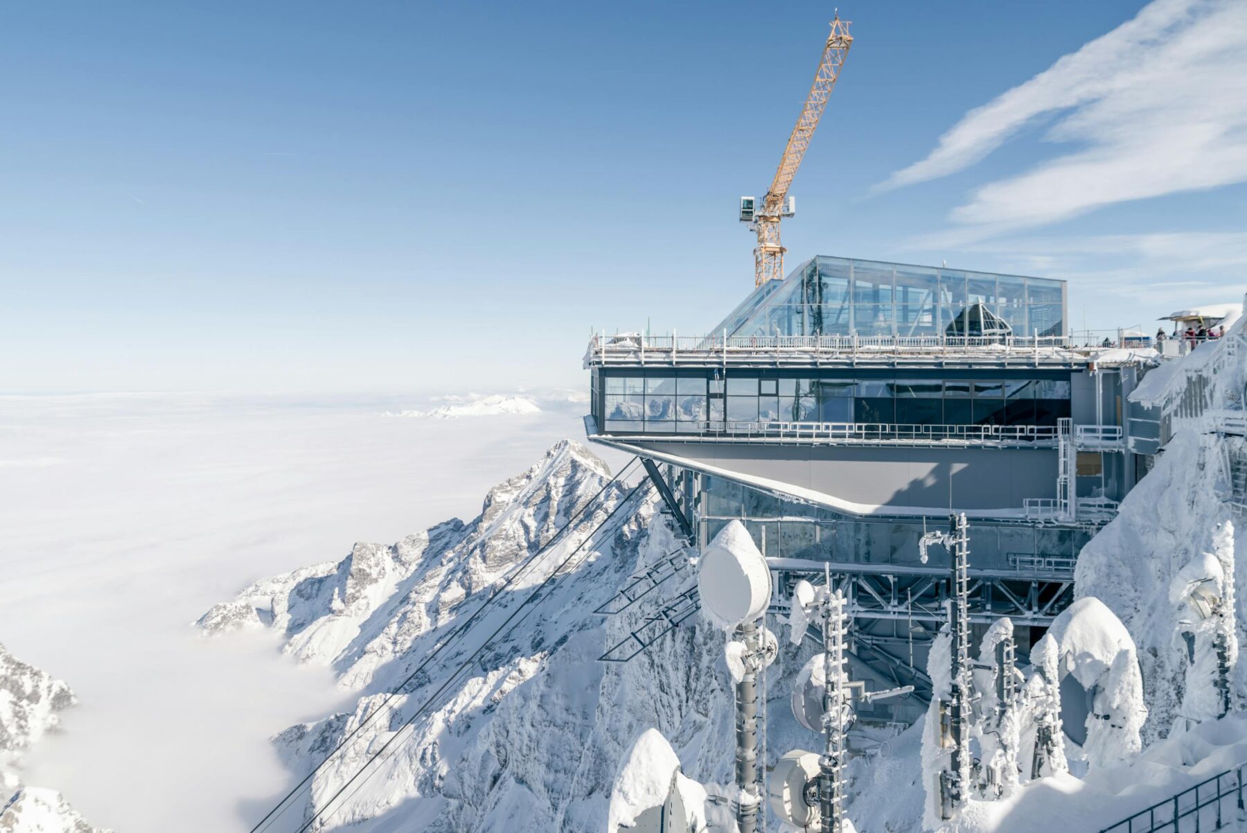 Stunning winter view of the Zugspitze observation deck in Garmisch-Partenkirchen, Germany.